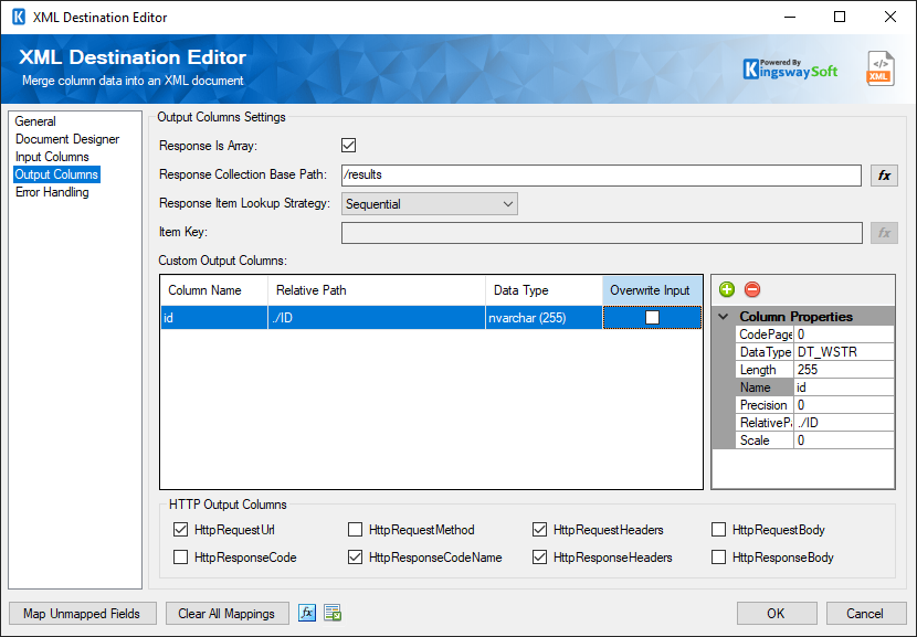 SSIS XML Destination - Output Columns